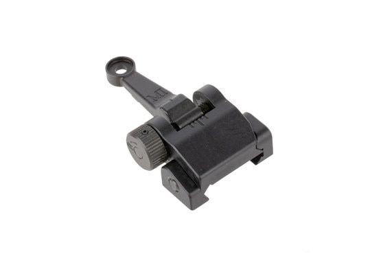 Midwest Industries rear Combat Rifle sight folds flat for low-profile stowing that won't interfere with optics